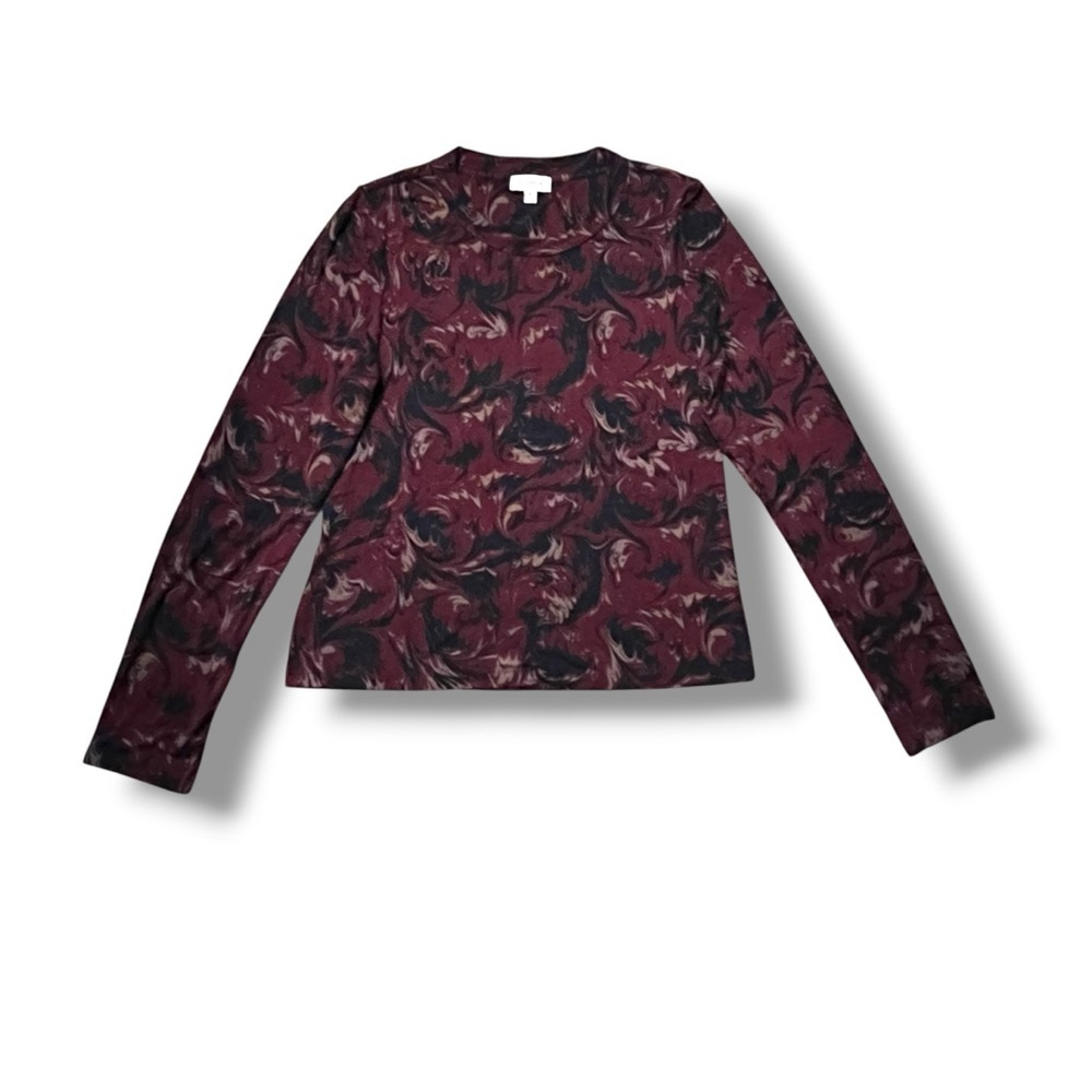 Evereve Knit Top Size XL Long Sleeve Crew Neck Marbled Maroon Navy Soft Stretchy